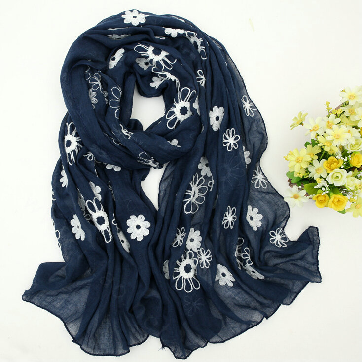 Discount Embroidered Floral Scarves Wrap Women Winter Warm Cotton 200*80CM - Navy