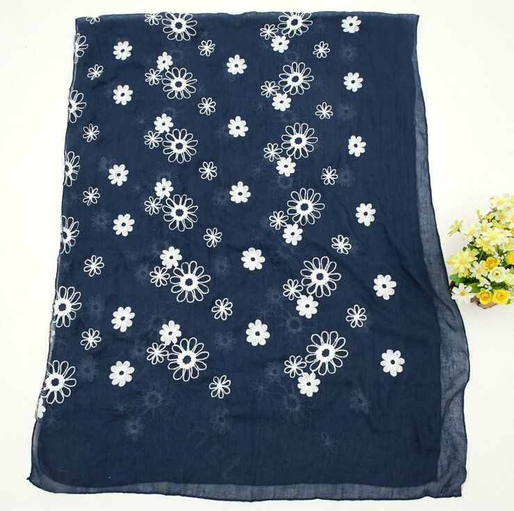 Discount Embroidered Floral Scarves Wrap Women Winter Warm Cotton 200*80CM - Navy
