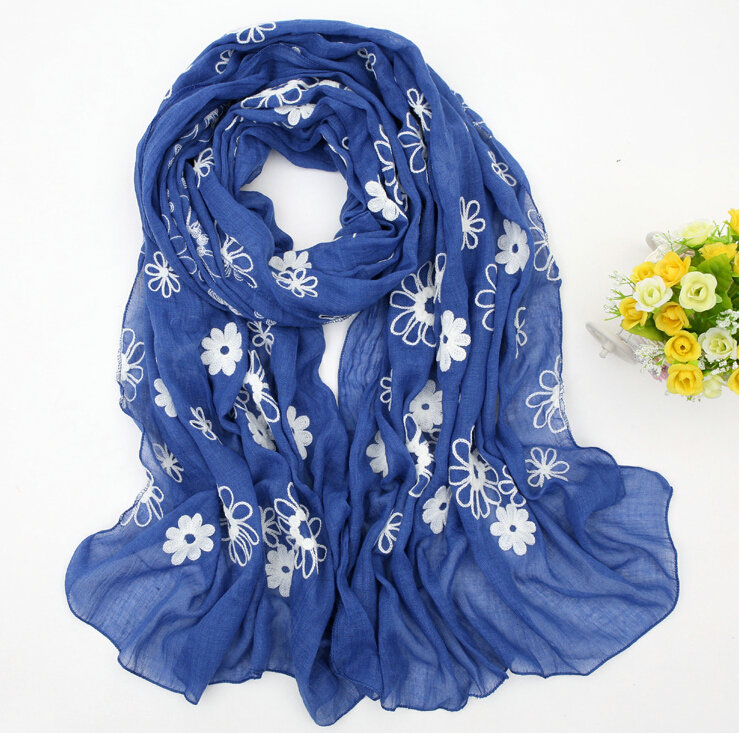 Discount Embroidered Floral Scarves Wrap Women Winter Warm Cotton 200*80CM - Royal Blue
