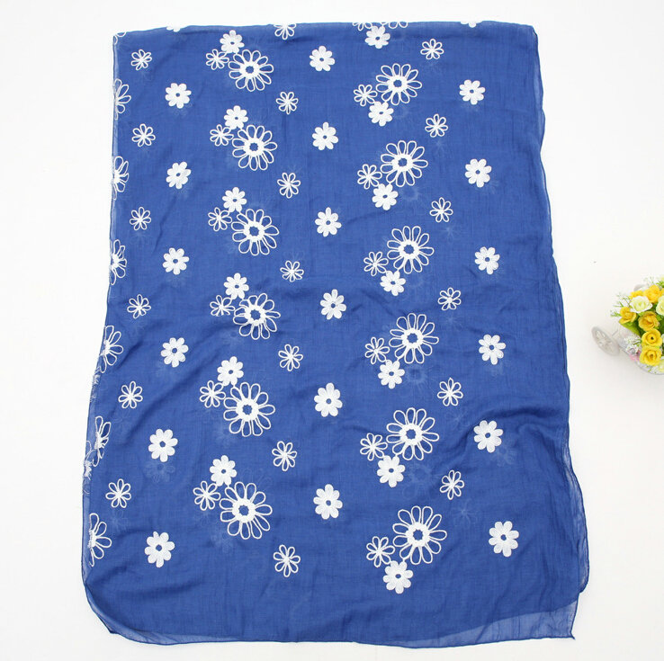 Discount Embroidered Floral Scarves Wrap Women Winter Warm Cotton 200*80CM - Royal Blue