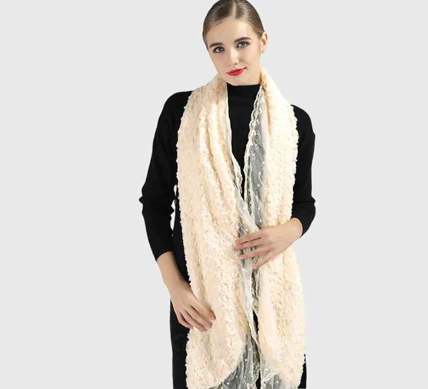 Discount Floral Lace Scarves Wrap Women Winter Warm Polyester 210*35CM - Beige