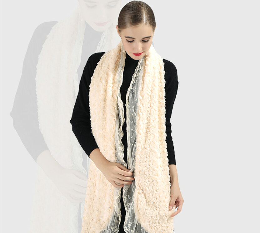 Discount Floral Lace Scarves Wrap Women Winter Warm Polyester 210*35CM - Beige