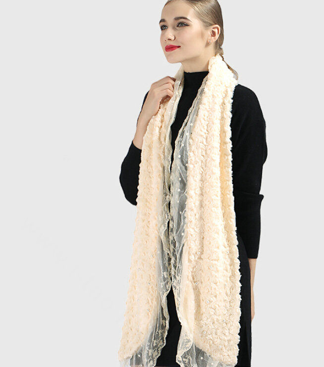 Discount Floral Lace Scarves Wrap Women Winter Warm Polyester 210*35CM - Beige