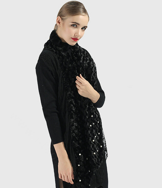 Discount Floral Lace Scarves Wrap Women Winter Warm Polyester 210*35CM - Black