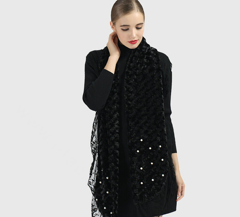 Discount Floral Lace Scarves Wrap Women Winter Warm Polyester 210*35CM - Black