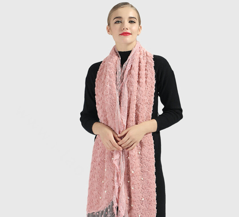 Discount Floral Lace Scarves Wrap Women Winter Warm Polyester 210*35CM - Pink