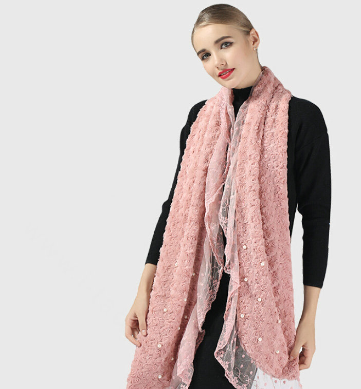 Discount Floral Lace Scarves Wrap Women Winter Warm Polyester 210*35CM - Pink