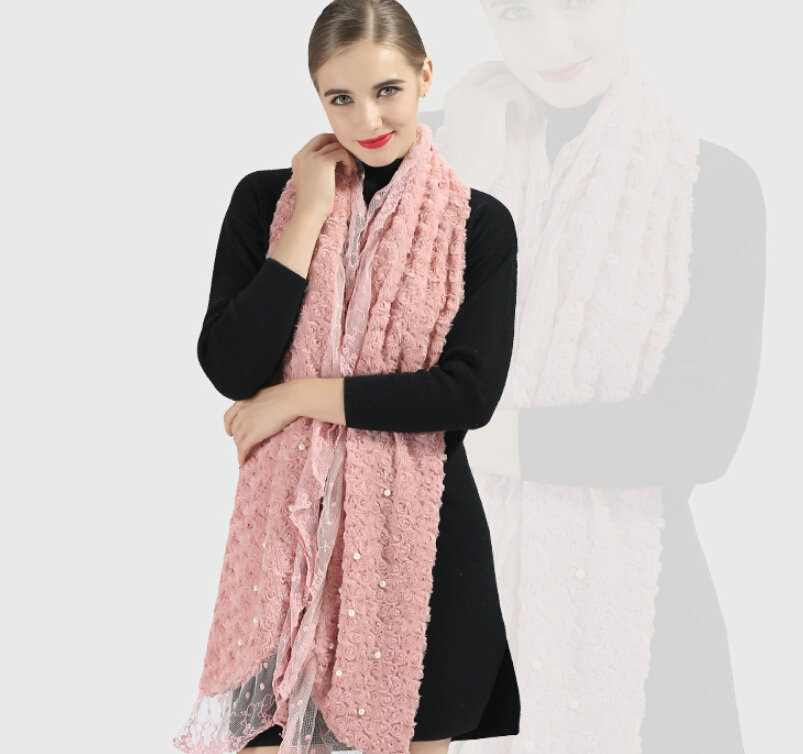 Discount Floral Lace Scarves Wrap Women Winter Warm Polyester 210*35CM - Pink