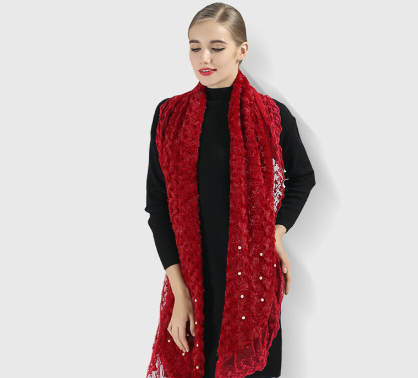 Discount Floral Lace Scarves Wrap Women Winter Warm Polyester 210*35CM - Red