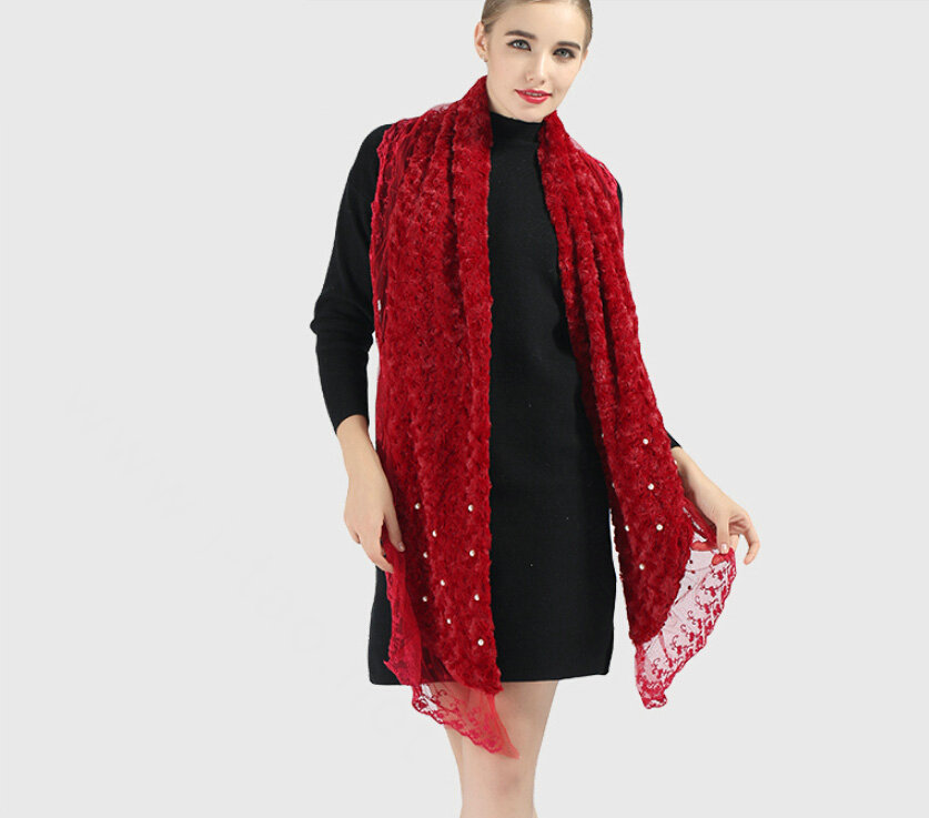 Discount Floral Lace Scarves Wrap Women Winter Warm Polyester 210*35CM - Red
