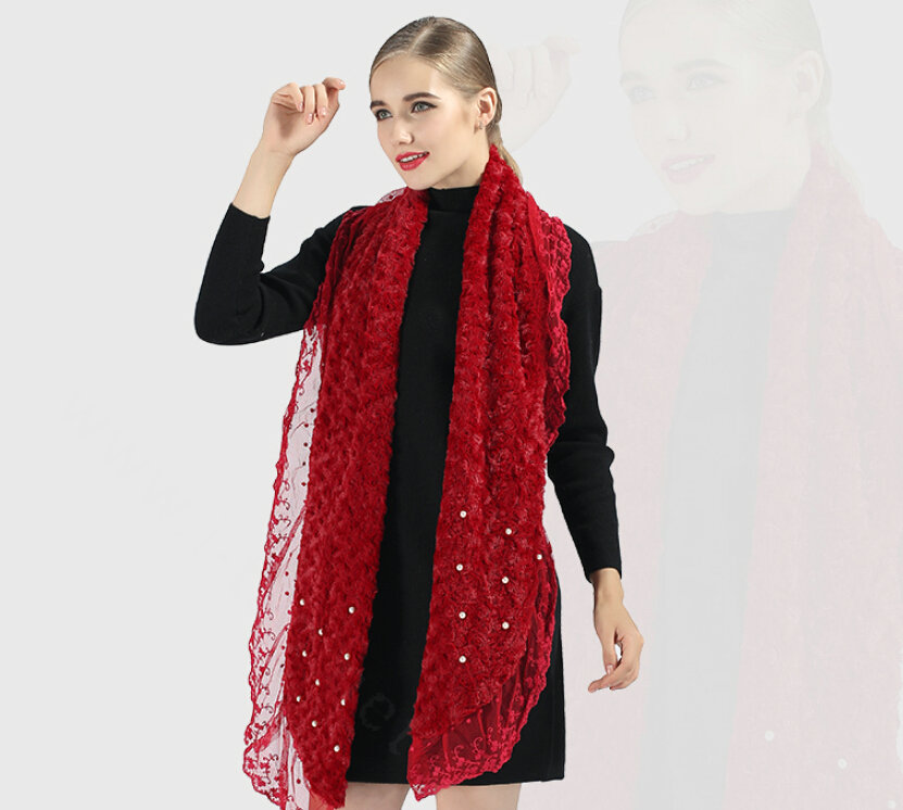 Discount Floral Lace Scarves Wrap Women Winter Warm Polyester 210*35CM - Red