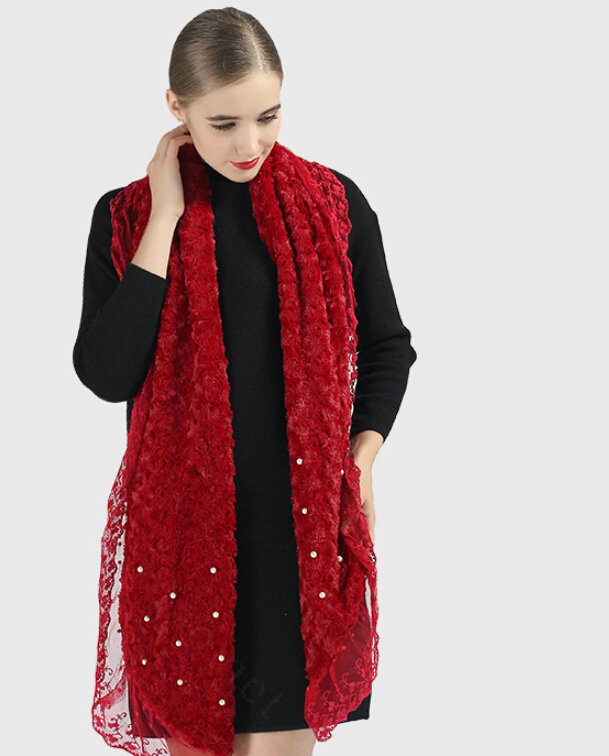 Discount Floral Lace Scarves Wrap Women Winter Warm Polyester 210*35CM - Red