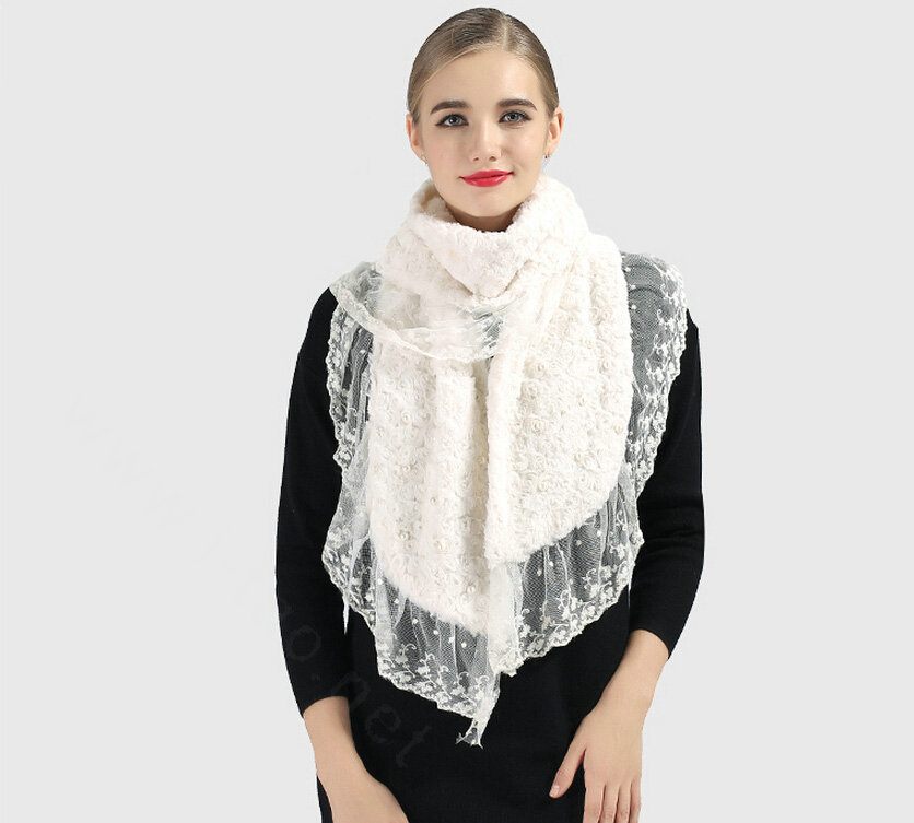 Discount Floral Lace Scarves Wrap Women Winter Warm Polyester 210*35CM - White