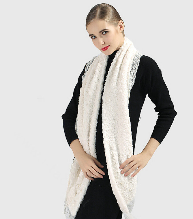 Discount Floral Lace Scarves Wrap Women Winter Warm Polyester 210*35CM - White