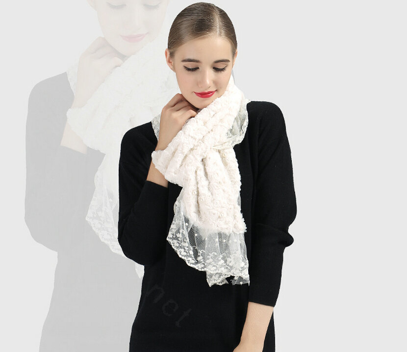 Discount Floral Lace Scarves Wrap Women Winter Warm Polyester 210*35CM - White