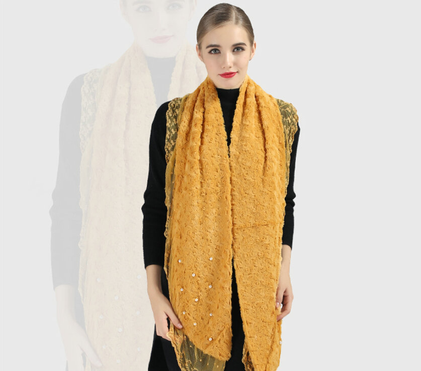 Discount Floral Lace Scarves Wrap Women Winter Warm Polyester 210*35CM - Yellow