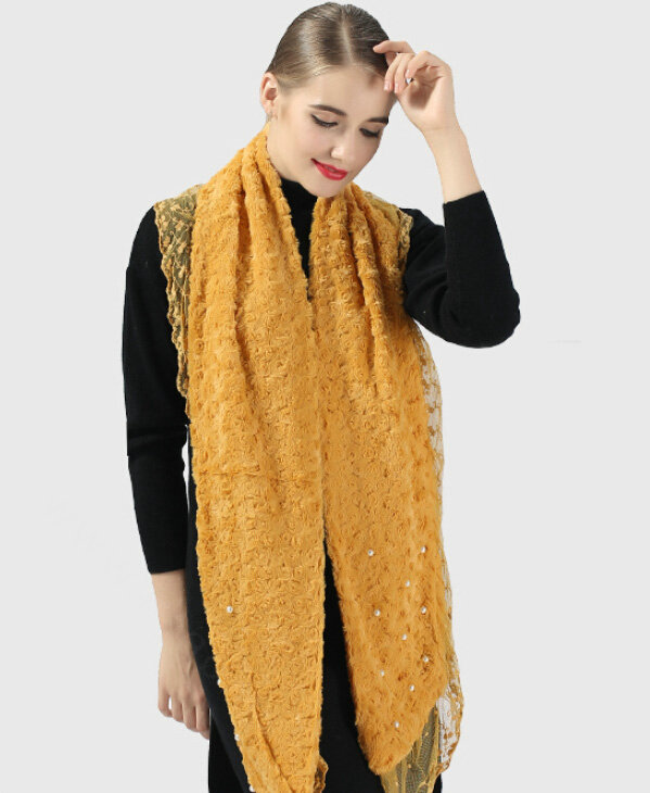 Discount Floral Lace Scarves Wrap Women Winter Warm Polyester 210*35CM - Yellow