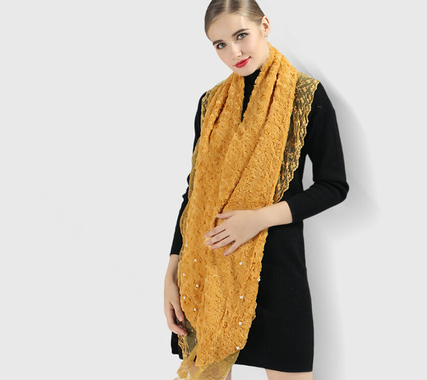 Discount Floral Lace Scarves Wrap Women Winter Warm Polyester 210*35CM - Yellow