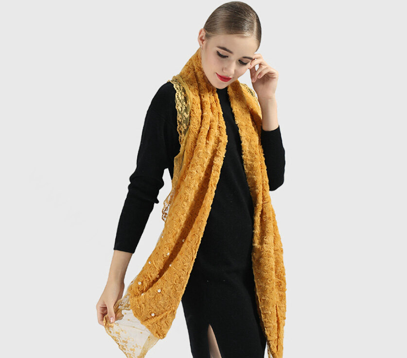 Discount Floral Lace Scarves Wrap Women Winter Warm Polyester 210*35CM - Yellow