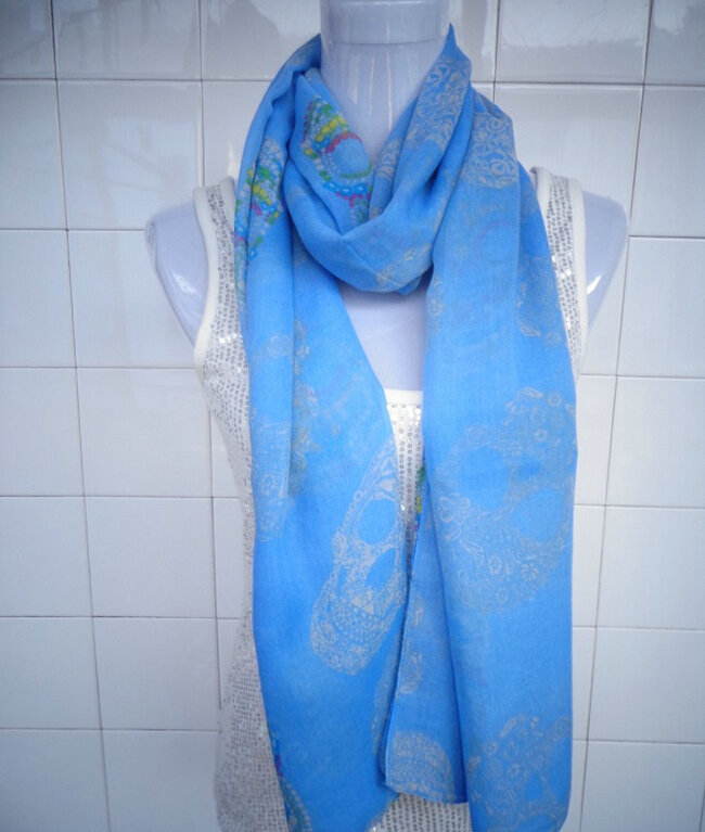 Discount Skull Scarf Scarves For Women Winter Warm Cotton Panties 170*70CM - Blue