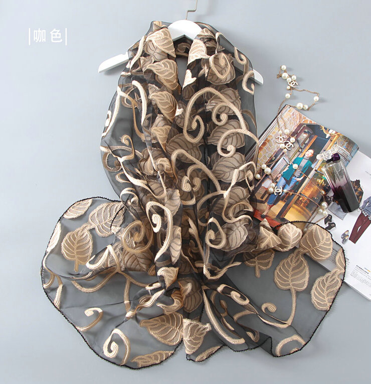 Embroidered Beaded Scarves Wrap Women Winter Warm Polyester 195*59CM - Brown