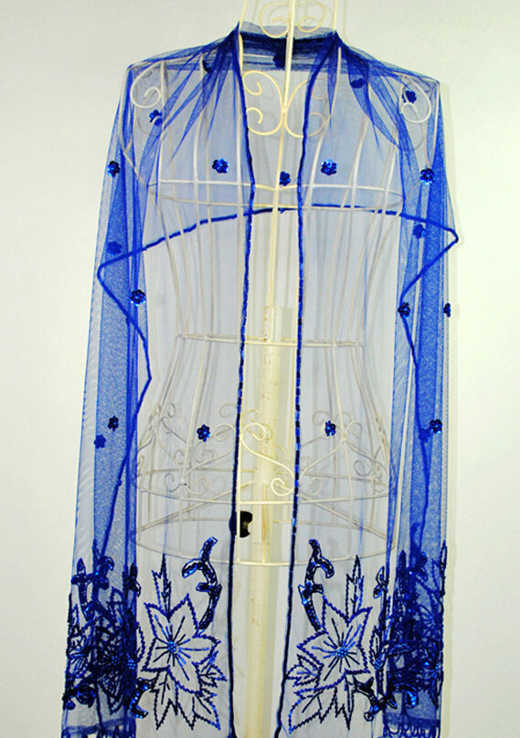 Embroidered Floral Beaded Scarves Wrap Women Winter Warm Polyester 179*46CM - Blue