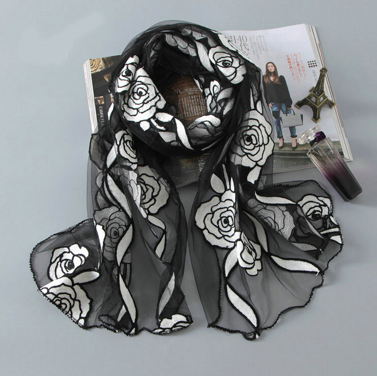 Embroidered Floral Scarves Wrap Women Winter Warm Polyester 195*65CM - Black