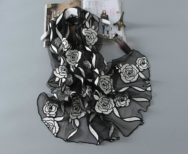 Embroidered Floral Scarves Wrap Women Winter Warm Polyester 195*65CM - Black