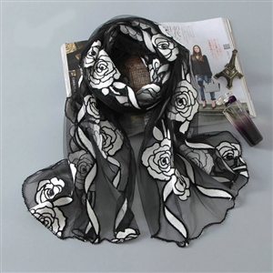 Embroidered Floral Scarves Wrap Women Winter Warm Polyester 195*65CM - Black