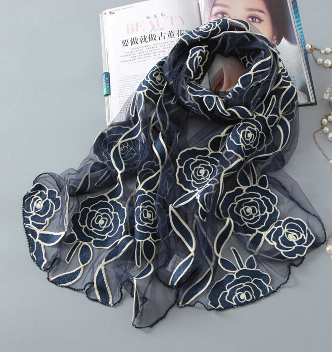 Embroidered Floral Scarves Wrap Women Winter Warm Polyester 195*65CM - Blue