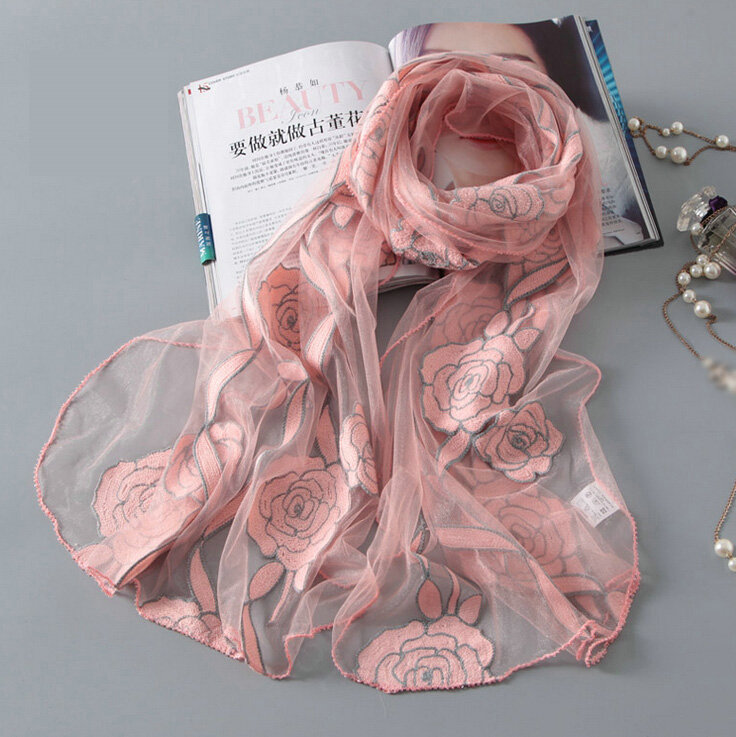 Embroidered Floral Scarves Wrap Women Winter Warm Polyester 195*65CM - Pink