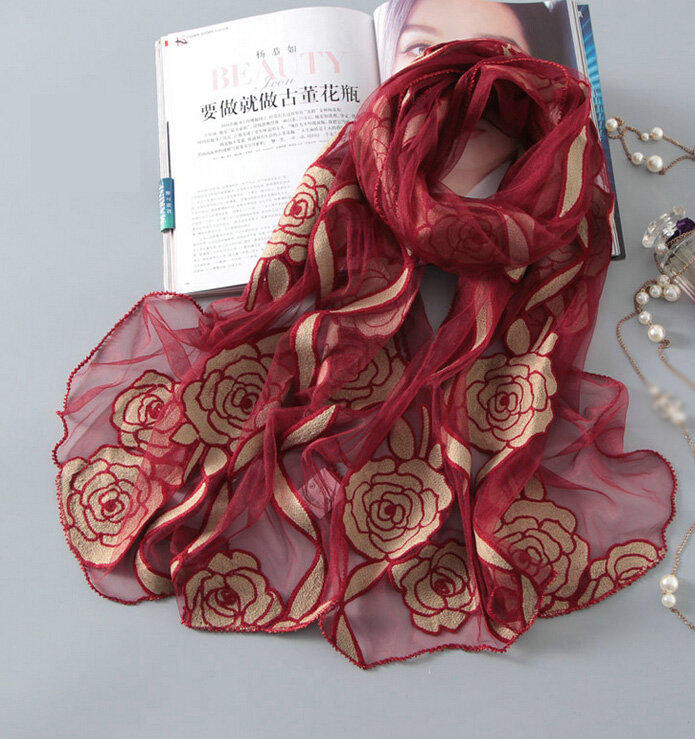 Embroidered Floral Scarves Wrap Women Winter Warm Polyester 195*65CM - Red