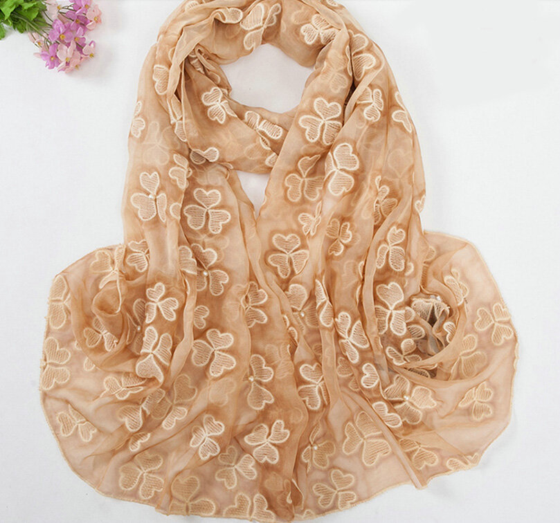 Embroidered Lace Scarves Wrap Women Winter Warm Polyester 195*68CM - Beige