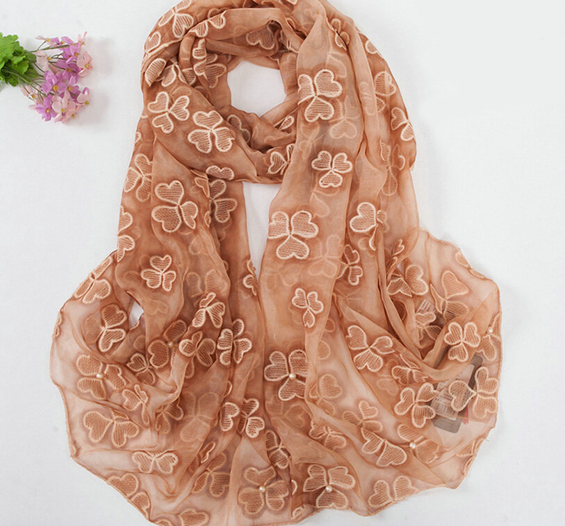 Embroidered Lace Scarves Wrap Women Winter Warm Polyester 195*68CM - Brown