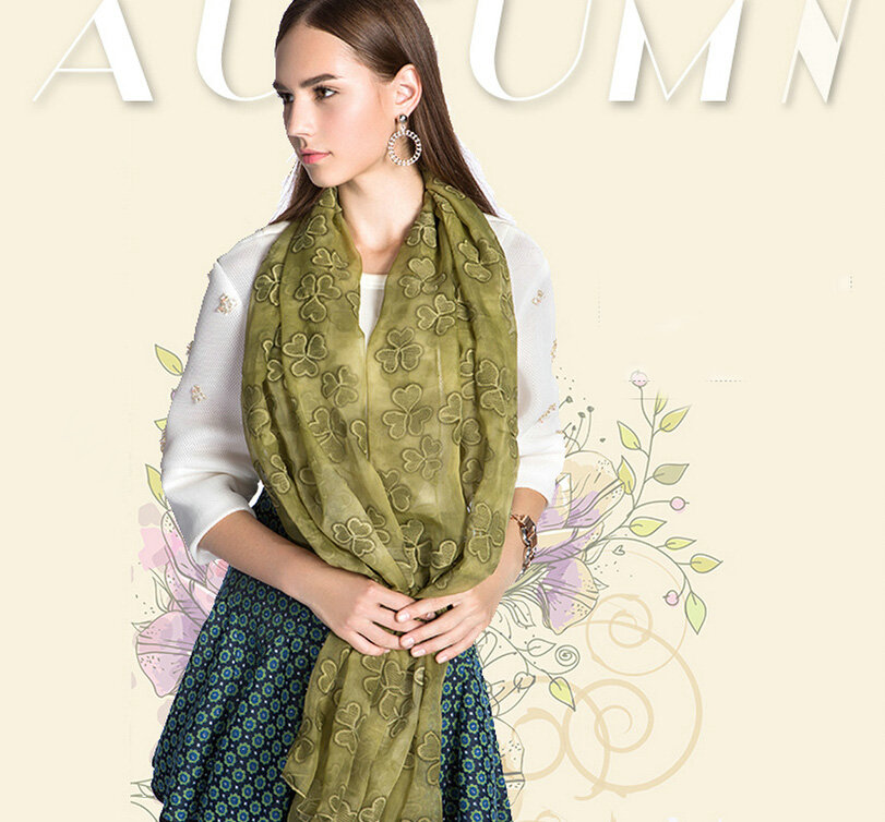 Embroidered Lace Scarves Wrap Women Winter Warm Polyester 195*68CM - Green
