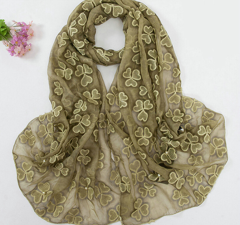 Embroidered Lace Scarves Wrap Women Winter Warm Polyester 195*68CM - Green