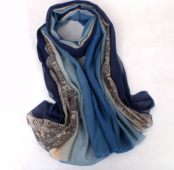 Floral Printed Lace Women Scarf Fiber Cloth Warm Scarves Wraps 180*95CM - Blue