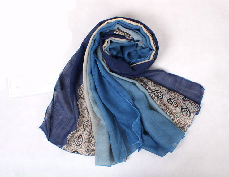 Floral Printed Lace Women Scarf Fiber Cloth Warm Scarves Wraps 180*95CM - Blue