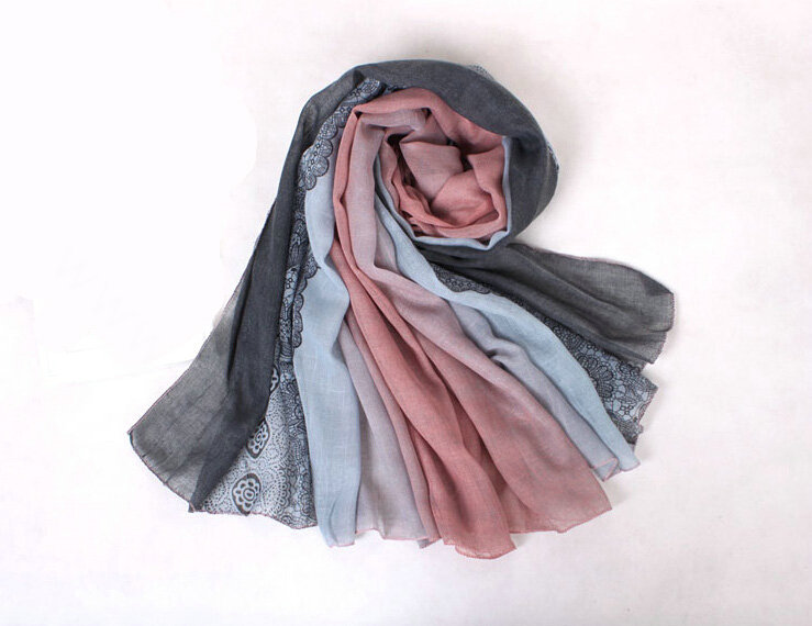 Floral Printed Lace Women Scarf Fiber Cloth Warm Scarves Wraps 180*95CM - Grey