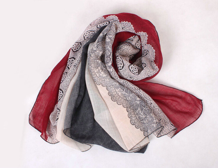 Floral Printed Lace Women Scarf Fiber Cloth Warm Scarves Wraps 180*95CM - Wine Red