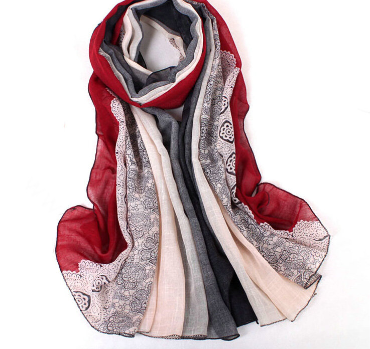Floral Printed Lace Women Scarf Fiber Cloth Warm Scarves Wraps 180*95CM - Wine Red