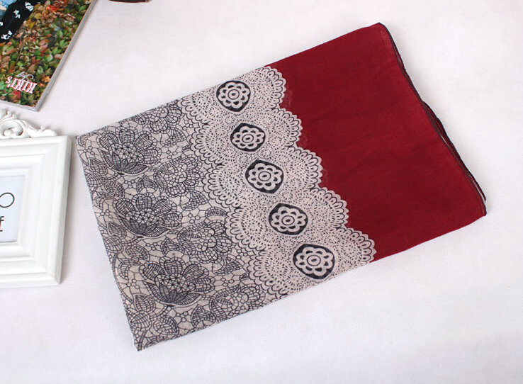 Floral Printed Lace Women Scarf Fiber Cloth Warm Scarves Wraps 180*95CM - Wine Red