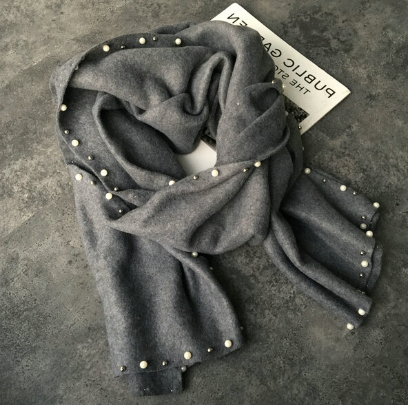 Free Beaded Scarves Wrap Women Winter Warm Cashmere Solid 195*50CM - Grey