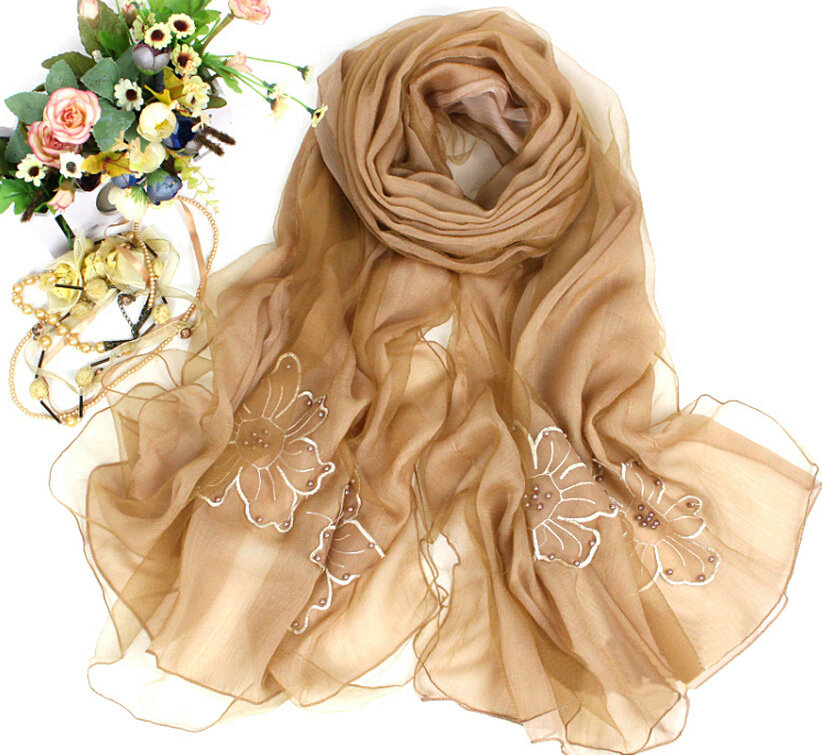 Free Floral Lace Scarf Shawls Women Winter Warm Chiffon Solid 198*70CM - Coffee