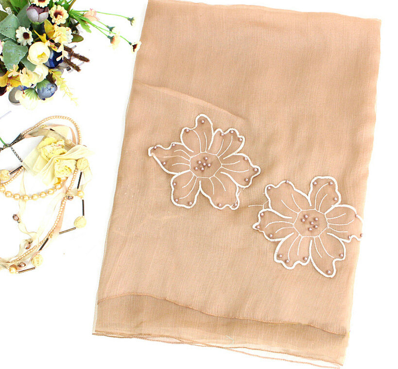 Free Floral Lace Scarf Shawls Women Winter Warm Chiffon Solid 198*70CM - Coffee