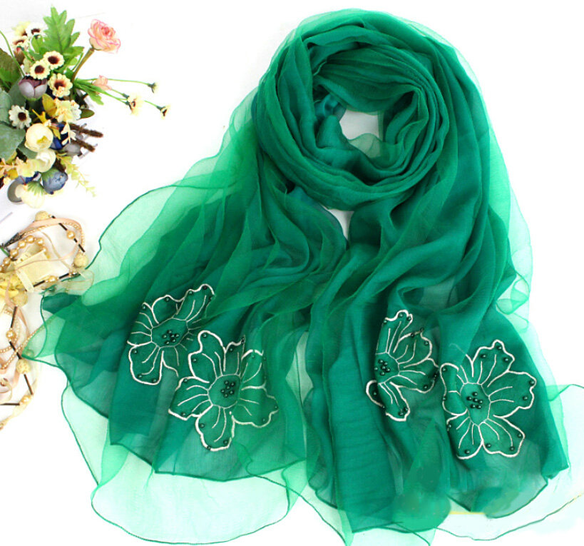 Free Floral Lace Scarf Shawls Women Winter Warm Chiffon Solid 198*70CM - Green