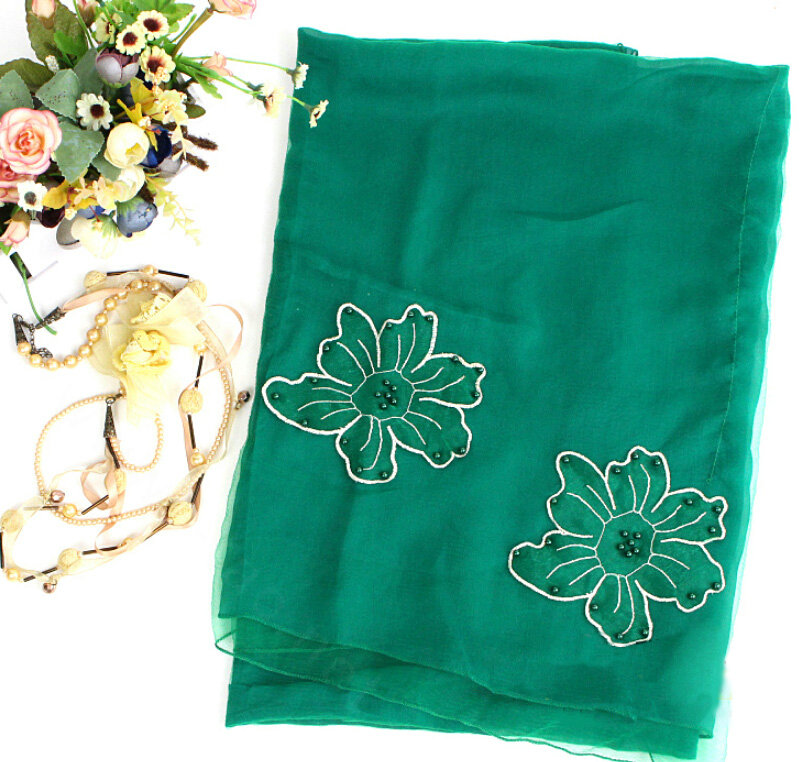 Free Floral Lace Scarf Shawls Women Winter Warm Chiffon Solid 198*70CM - Green