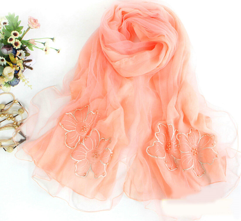 Free Floral Lace Scarf Shawls Women Winter Warm Chiffon Solid 198*70CM - Orange
