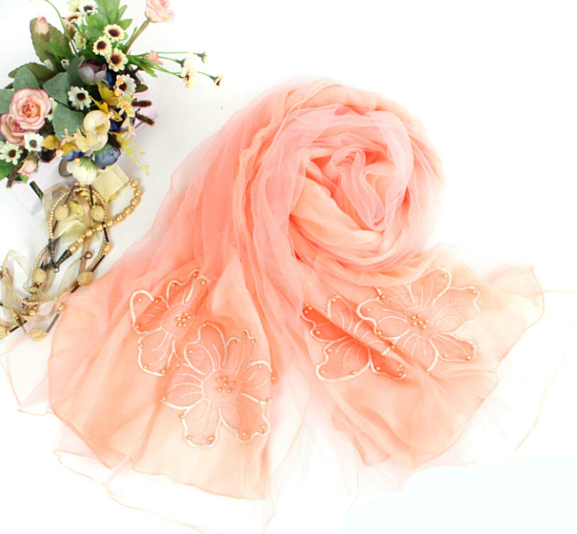 Free Floral Lace Scarf Shawls Women Winter Warm Chiffon Solid 198*70CM - Orange
