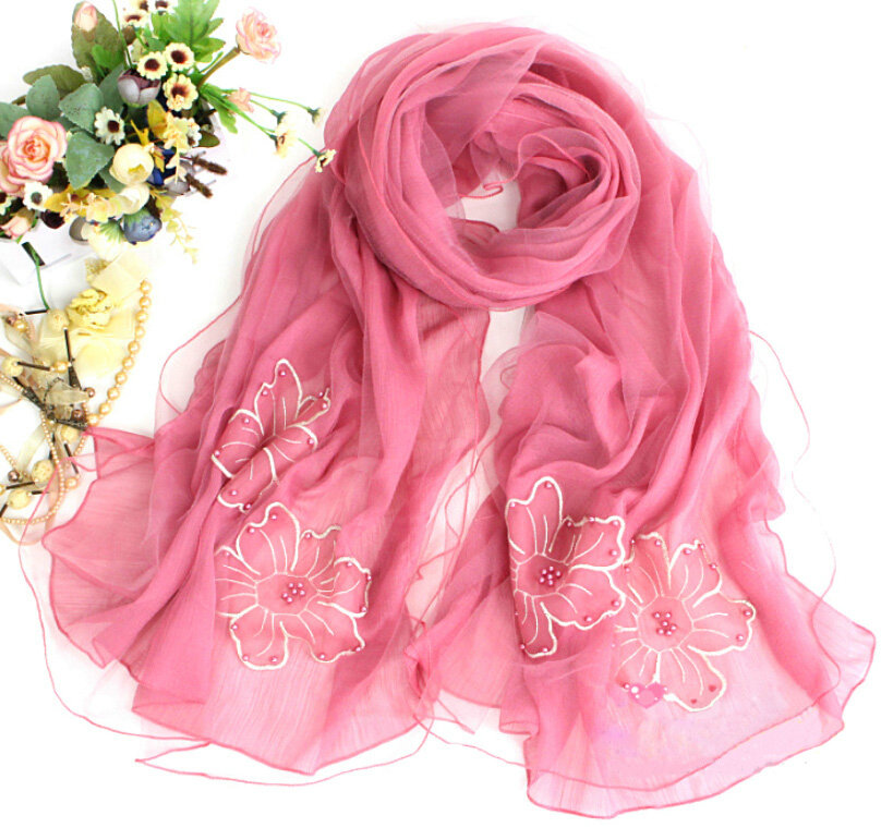 Free Floral Lace Scarf Shawls Women Winter Warm Chiffon Solid 198*70CM - Rose